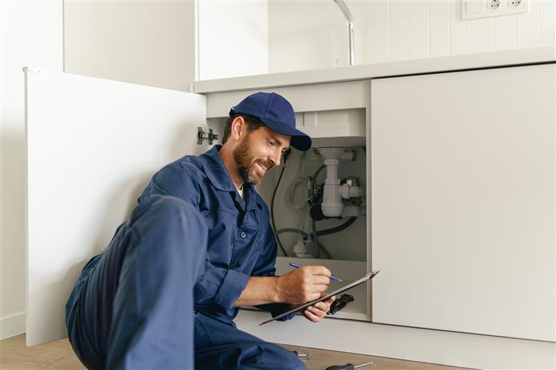 Residential plumber reviewing plumbing repairs in a Margate kitchen