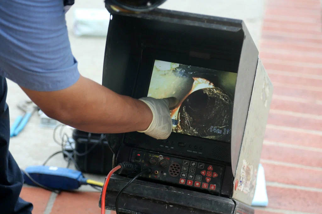Technician viewing a drain inspection camera in Margate